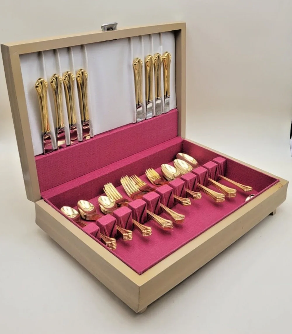 Supreme Cutlery Gold Tone Stainless Japan Flatware Set w/ Wood Case Set of 51